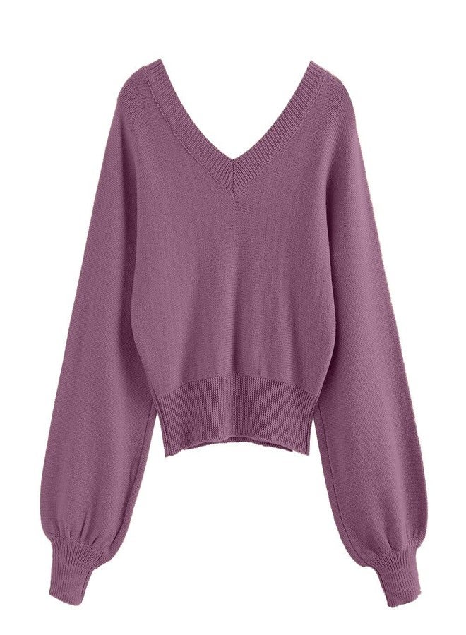 ZAFUL Women's Cropped Sweater V-Neck Long Sleeve Crop Sweater Pullover Jumper Knit Top (1-Red Violet, M) - Image 2